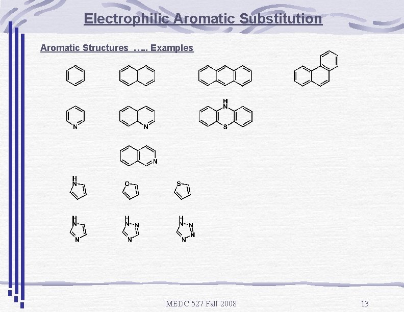 Electrophilic Aromatic Substitution Aromatic Structures …. . Examples MEDC 527 Fall 2008 13 