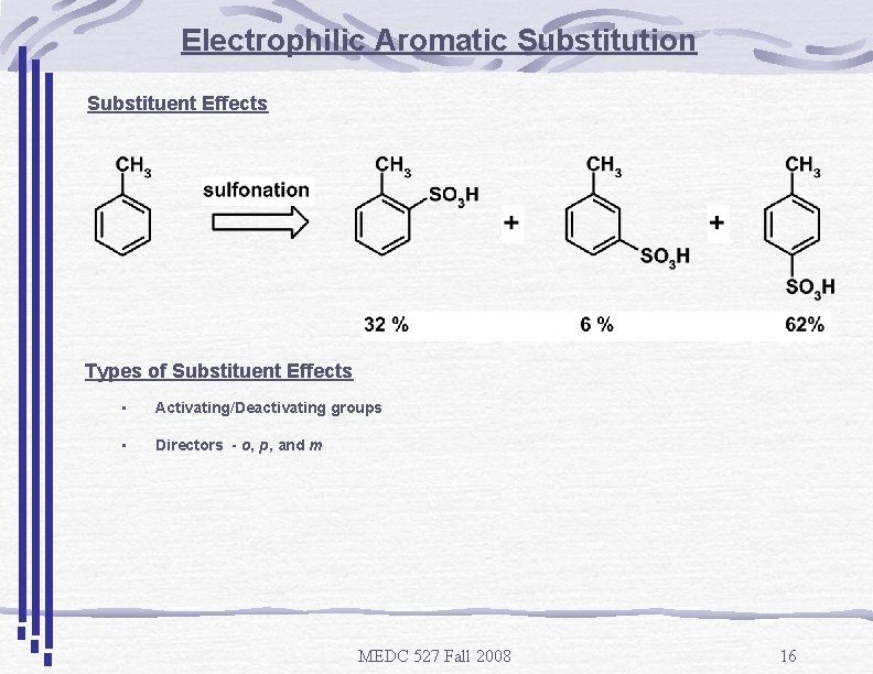 Electrophilic Aromatic Substitution Substituent Effects Types of Substituent Effects • Activating/Deactivating groups • Directors