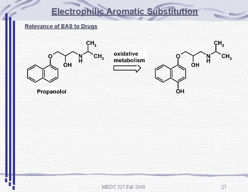 Electrophilic Aromatic Substitution Relevance of EAS to Drugs MEDC 527 Fall 2008 27 