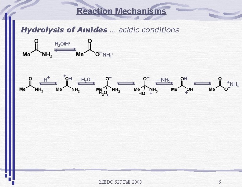 Reaction Mechanisms Hydrolysis of Amides … acidic conditions H 2 O/H+ _ H+ +