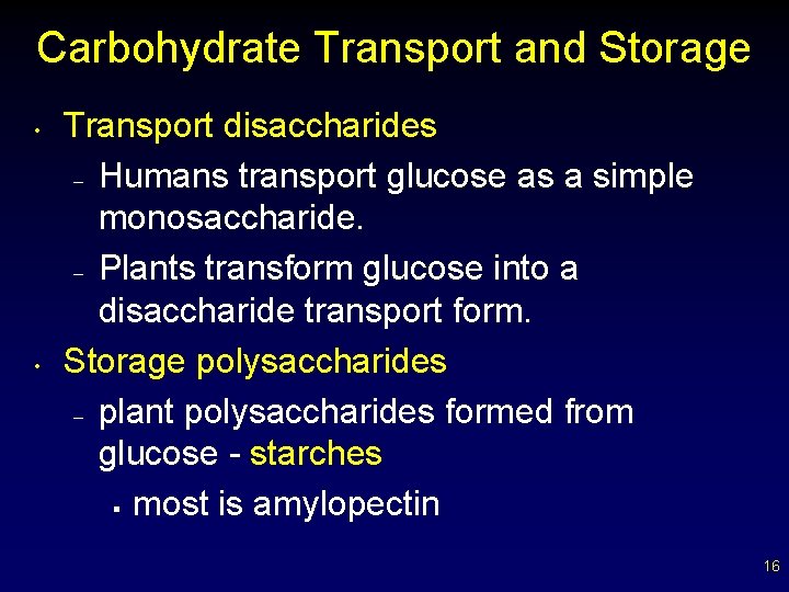 Carbohydrate Transport and Storage • • Transport disaccharides – Humans transport glucose as a