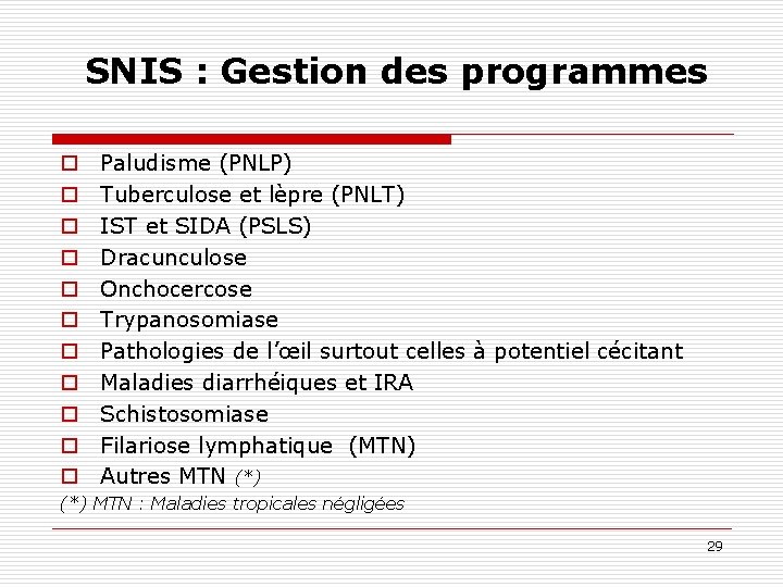 SNIS : Gestion des programmes o o o Paludisme (PNLP) Tuberculose et lèpre (PNLT)