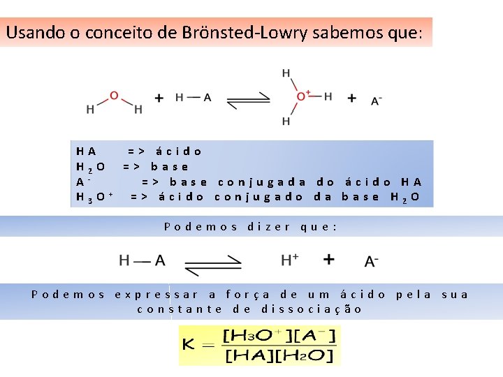 Usando o conceito de Brönsted-Lowry sabemos que: HA H 2 O AH 3 O