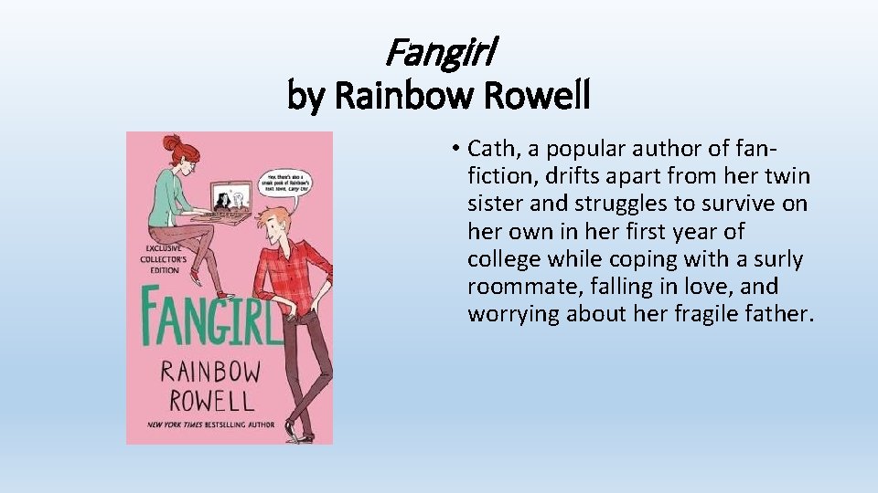 Fangirl by Rainbow Rowell • Cath, a popular author of fanfiction, drifts apart from