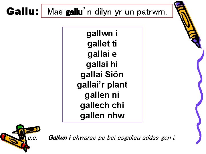 Gallu: Mae gallu’n dilyn yr un patrwm. gallwn i gallet ti gallai e gallai