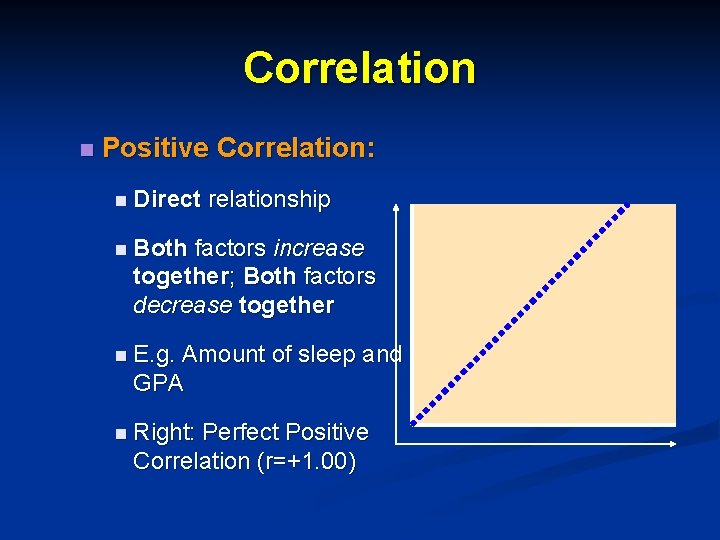 Correlation n Positive Correlation: n Direct relationship n Both factors increase together; Both factors