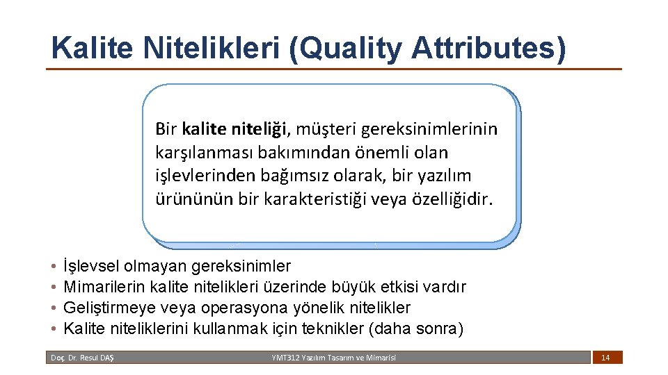 Kalite Nitelikleri (Quality Attributes) Bir kalite niteliği, müşteri gereksinimlerinin karşılanması bakımından önemli olan işlevlerinden