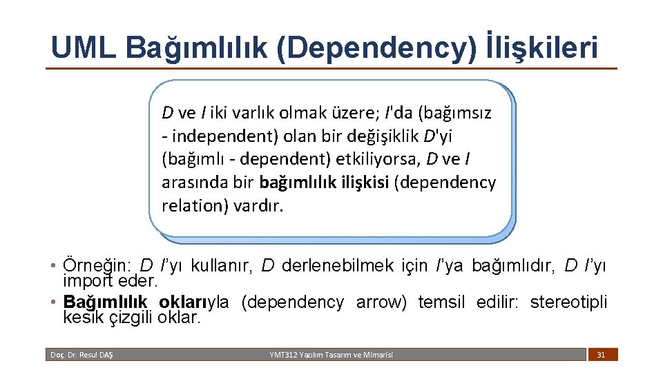 UML Bağımlılık (Dependency) İlişkileri D ve I iki varlık olmak üzere; I'da (bağımsız -