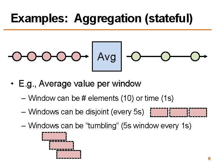 Examples: Aggregation (stateful) Avg • E. g. , Average value per window – Window