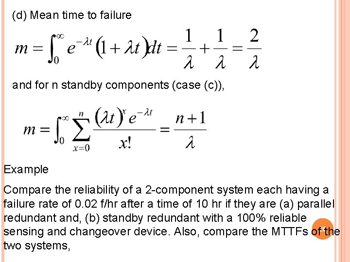 (d) Mean time to failure and for n standby components (case (c)), Example Compare