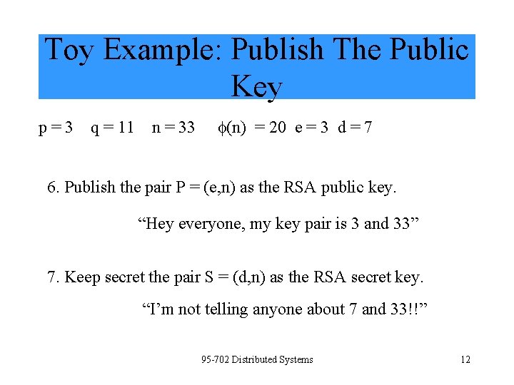 Toy Example: Publish The Public Key p=3 q = 11 n = 33 (n)