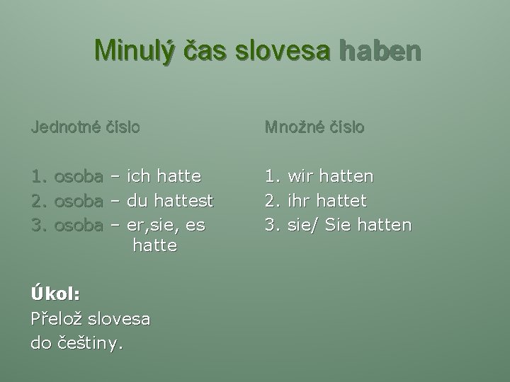  Minulý čas slovesa haben Jednotné číslo Množné číslo 1. osoba – ich hatte