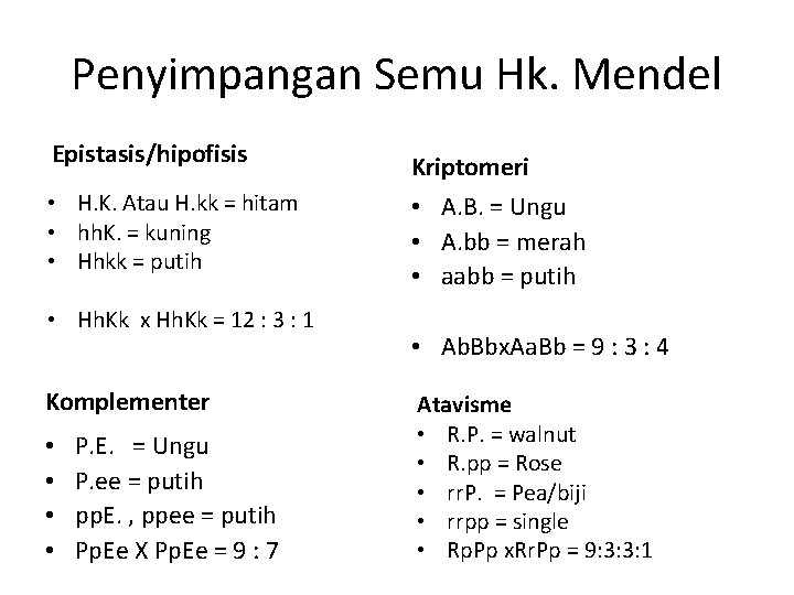 Penyimpangan Semu Hk. Mendel Epistasis/hipofisis • H. K. Atau H. kk = hitam •