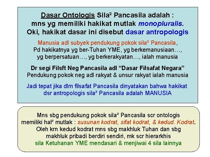 Dasar Ontologis Sila² Pancasila adalah : mns yg memiliki hakikat mutlak monopluralis. Oki, hakikat