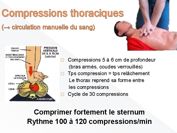 Compressions thoraciques (→ circulation manuelle du sang) 5 6 Compressions 5 à 6 cm