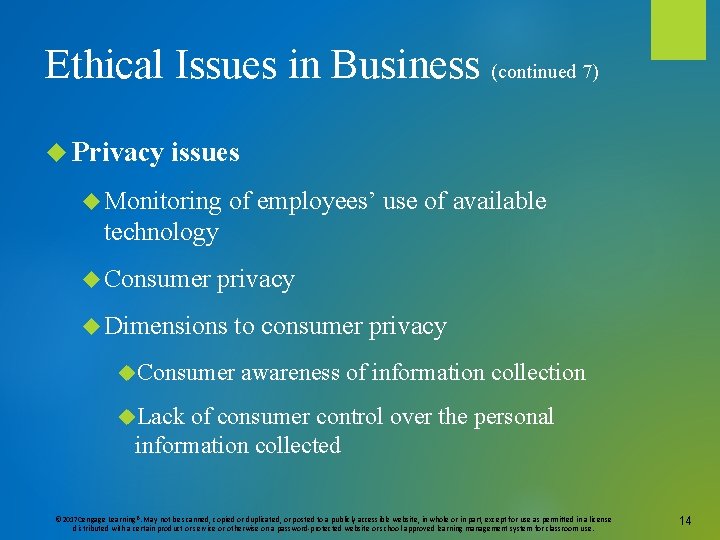 Ethical Issues in Business (continued 7) Privacy issues Monitoring of employees’ use of available