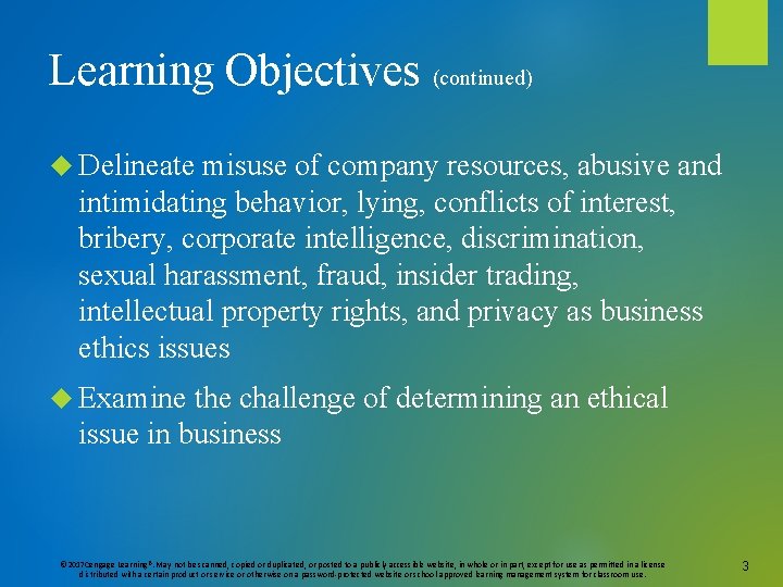 Learning Objectives (continued) Delineate misuse of company resources, abusive and intimidating behavior, lying, conflicts