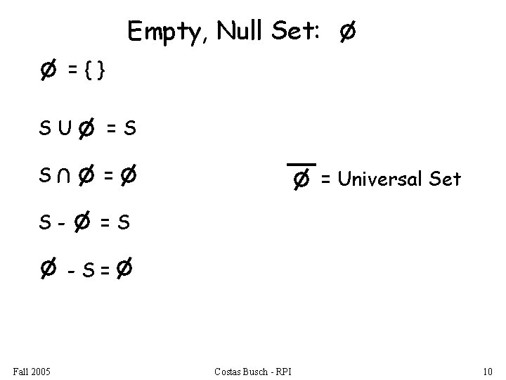 Empty, Null Set: ={} SU =S S = U S- = Universal Set =S