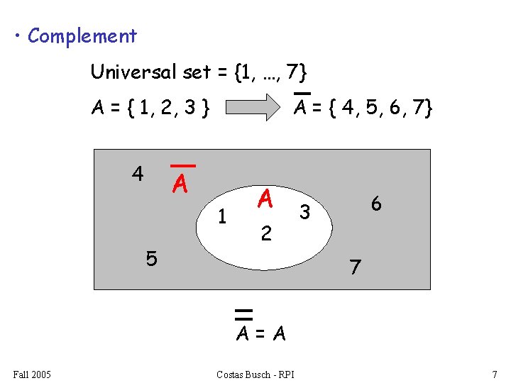  • Complement Universal set = {1, …, 7} A = { 1, 2,