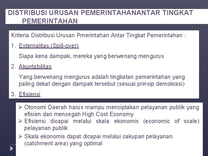 DISTRIBUSI URUSAN PEMERINTAHANANTAR TINGKAT PEMERINTAHAN Kriteria Distribusi Urusan Pmerintahan Antar Tingkat Pemerintahan : 1.