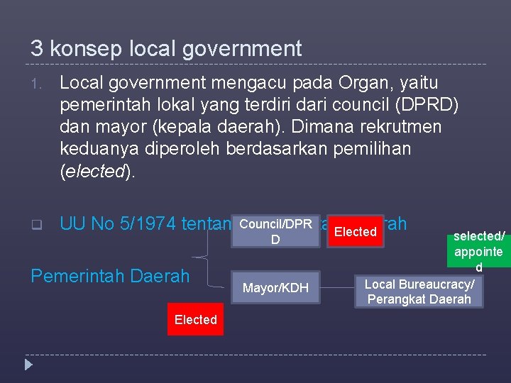 3 konsep local government 1. Local government mengacu pada Organ, yaitu pemerintah lokal yang