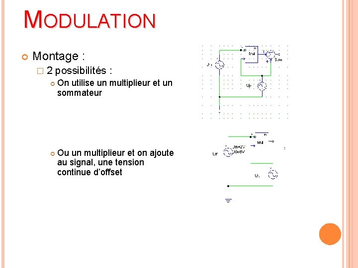 MODULATION Montage : � 2 possibilités : On utilise un multiplieur et un sommateur