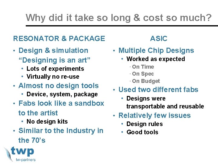 Why did it take so long & cost so much? RESONATOR & PACKAGE •