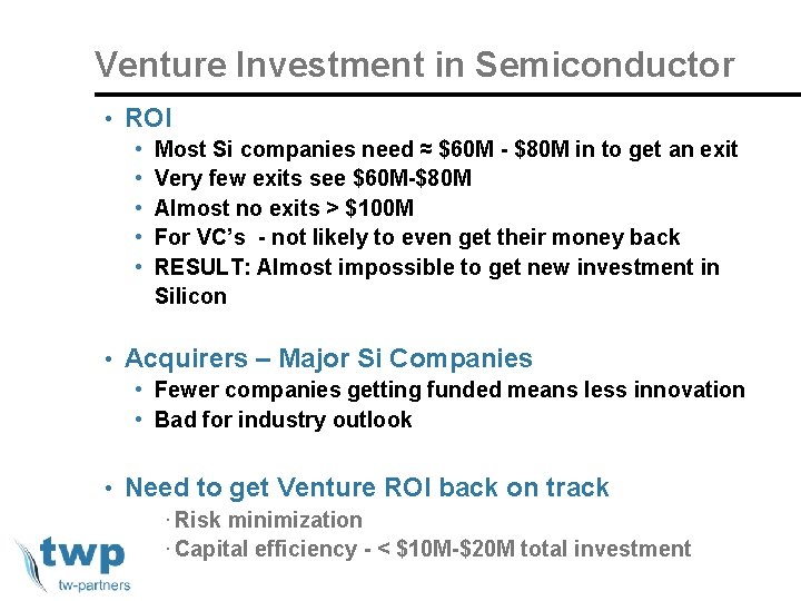 Venture Investment in Semiconductor • ROI • • • Most Si companies need ≈