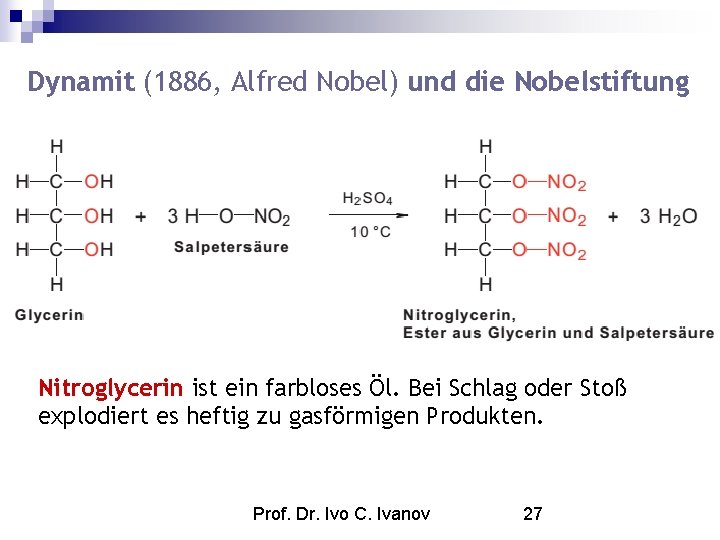 Dynamit (1886, Alfred Nobel) und die Nobelstiftung Nitroglycerin ist ein farbloses Öl. Bei Schlag
