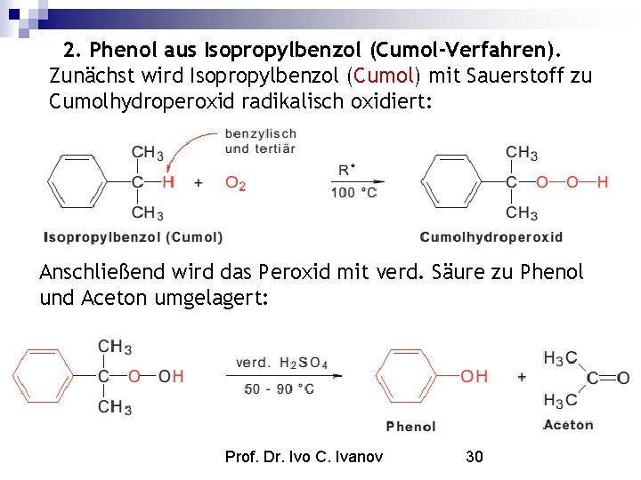 2. Phenol aus Isopropylbenzol (Cumol-Verfahren). Zunächst wird Isopropylbenzol (Cumol) mit Sauerstoff zu Cumolhydroperoxid radikalisch