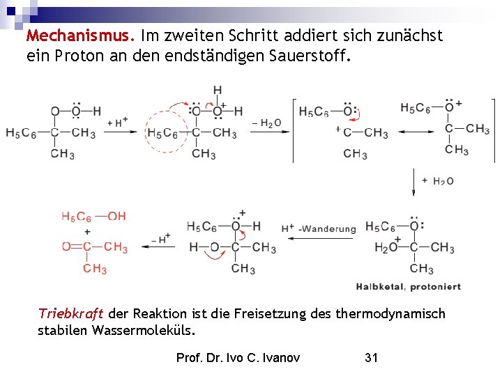 Mechanismus. Im zweiten Schritt addiert sich zunächst ein Proton an den endständigen Sauerstoff. Triebkraft