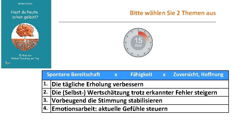 Bitte wählen Sie 2 Themen aus Spontane Bereitschaft x Fähigkeit x Zuversicht, Hoffnung 1.