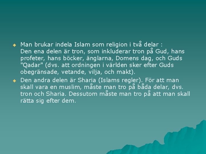 u u Man brukar indela Islam som religion i två delar : Den ena