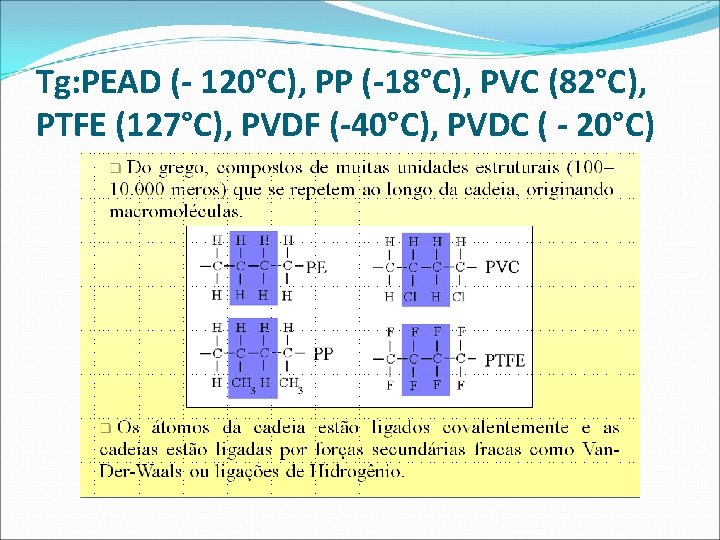 Tg: PEAD (- 120°C), PP (-18°C), PVC (82°C), PTFE (127°C), PVDF (-40°C), PVDC (