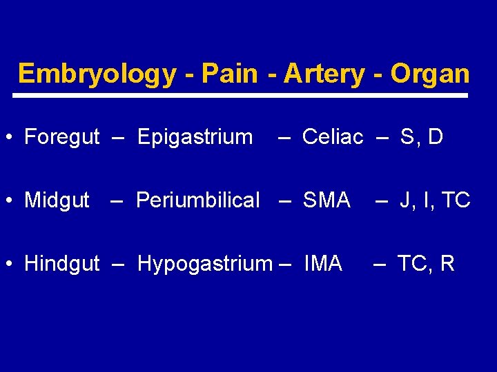 Embryology - Pain - Artery - Organ • Foregut – Epigastrium – Celiac –