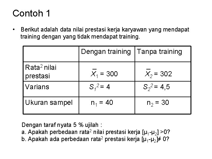 Contoh 1 • Berikut adalah data nilai prestasi kerja karyawan yang mendapat training dengan