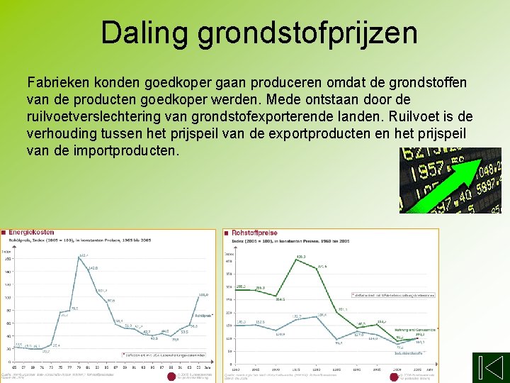 Daling grondstofprijzen Fabrieken konden goedkoper gaan produceren omdat de grondstoffen van de producten goedkoper