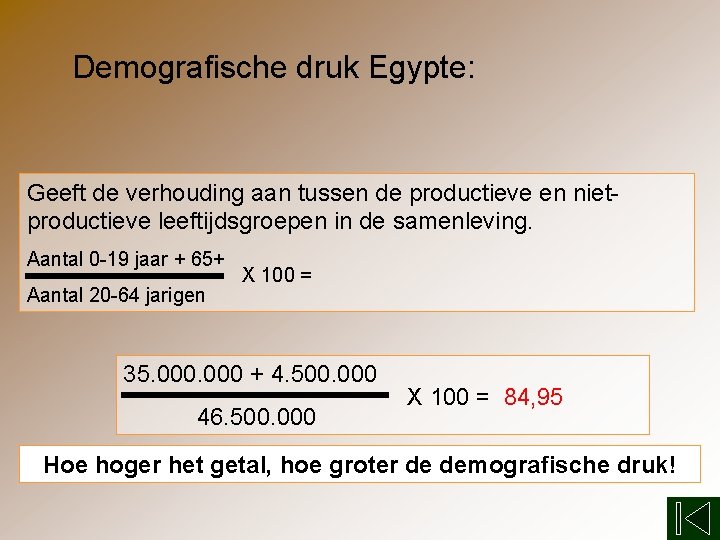 Demografische druk Egypte: Geeft de verhouding aan tussen de productieve en nietproductieve leeftijdsgroepen in