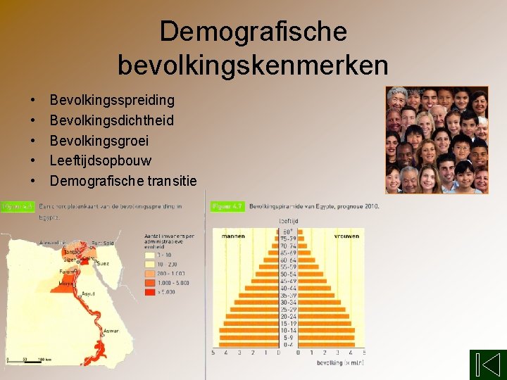 Demografische bevolkingskenmerken • • • Bevolkingsspreiding Bevolkingsdichtheid Bevolkingsgroei Leeftijdsopbouw Demografische transitie 