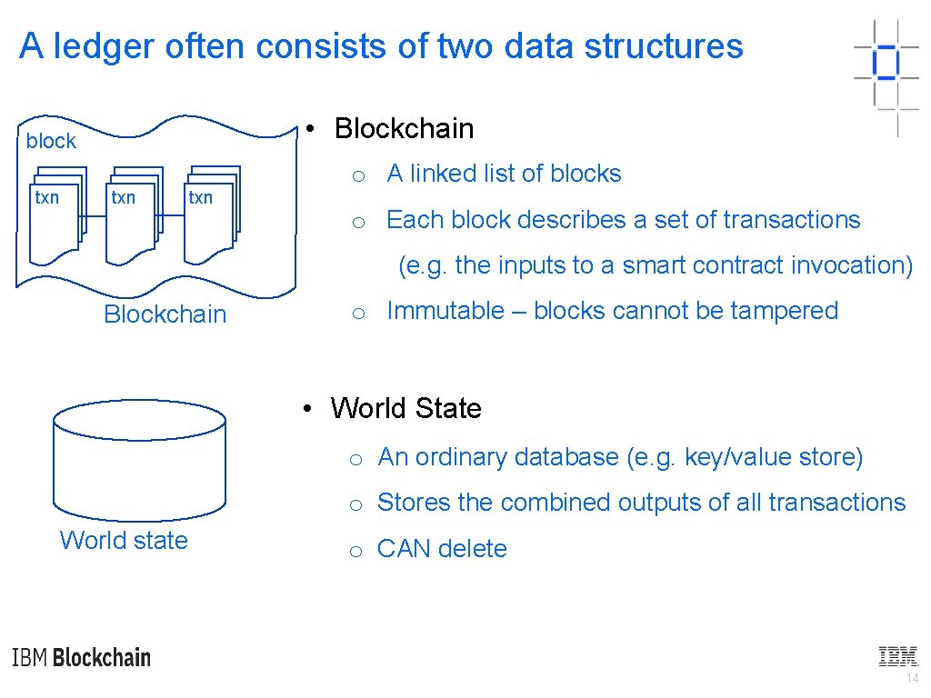 A ledger often consists of two data structures • Blockchain block txn txn o