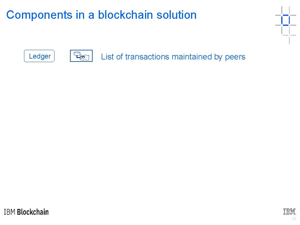 Components in a blockchain solution Ledger … List of transactions maintained by peers 23