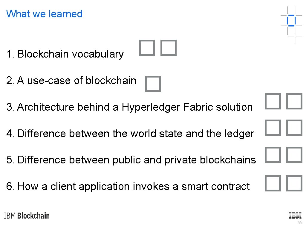 What we learned 1. Blockchain vocabulary �� 2. A use-case of blockchain � ��