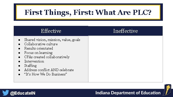 First Things, First: What Are PLC? Effective ● ● ● ● ● Shared vision,