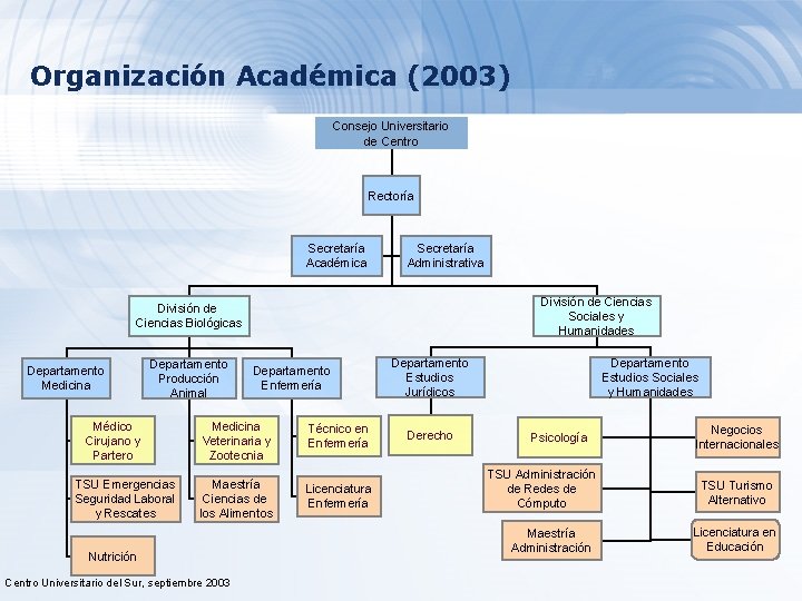 Organización Académica (2003) Consejo Universitario de Centro Rectoría Secretaría Académica Secretaría Administrativa División de