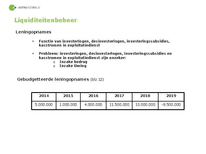 Liquiditeitenbeheer Leningopnames • Functie van investeringen, desinvesteringen, investeringssubsidies, kasstromen in exploitatiedienst • Probleem: investeringen,