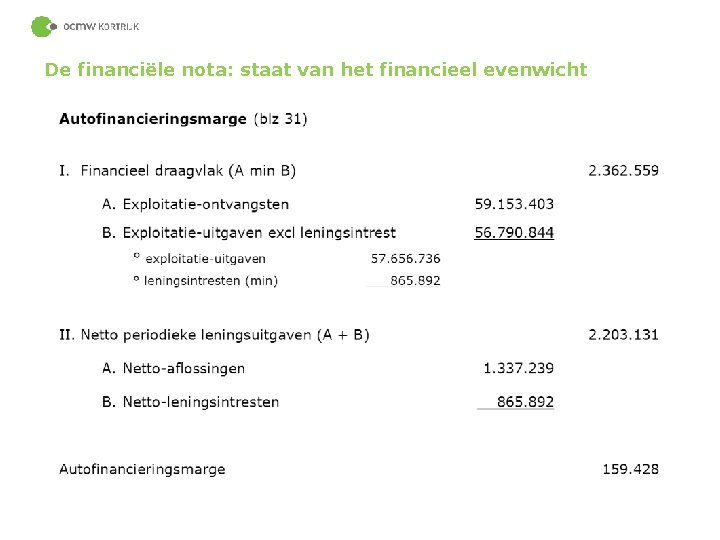 De financiële nota: staat van het financieel evenwicht 62 