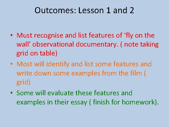 Outcomes: Lesson 1 and 2 • Must recognise and list features of ‘fly on