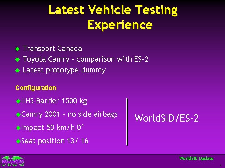 Latest Vehicle Testing Experience u u u Transport Canada Toyota Camry – comparison with
