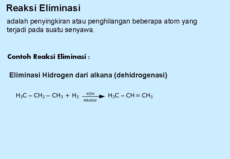 Reaksi Eliminasi adalah penyingkiran atau penghilangan beberapa atom yang terjadi pada suatu senyawa. Contoh