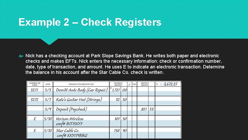 Example 2 – Check Registers Nick has a checking account at Park Slope Savings Example 2 – Check Registers Nick has a checking account at Park Slope Savings